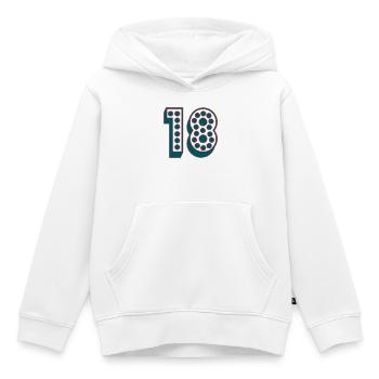 18. 18 ANS. 18e ANNIVERSAIRE. ANNIVERSAIRE 18 ANS. - Sweat Premium à capuche enfant bio - blanc - Devant - AI Model Kid Female (0cm)