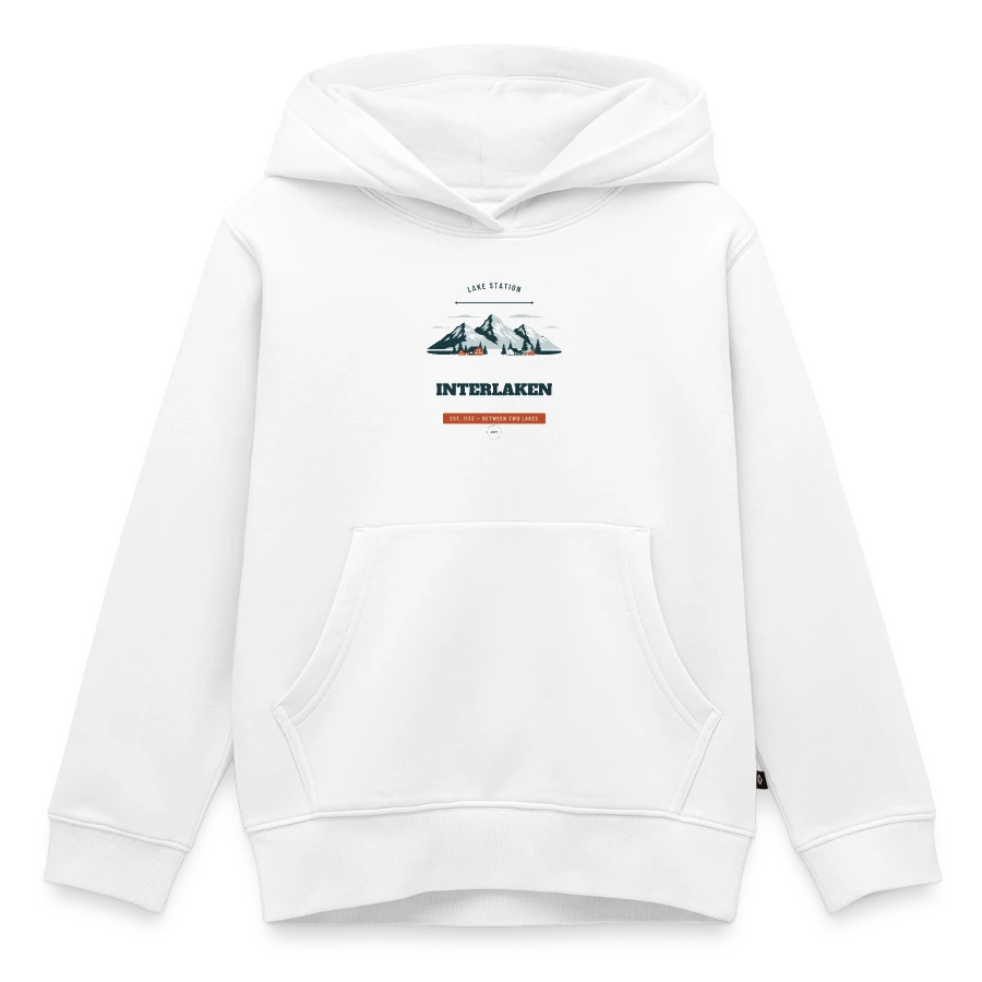 Interlaken badge on a kids premium organic hoodie, white
