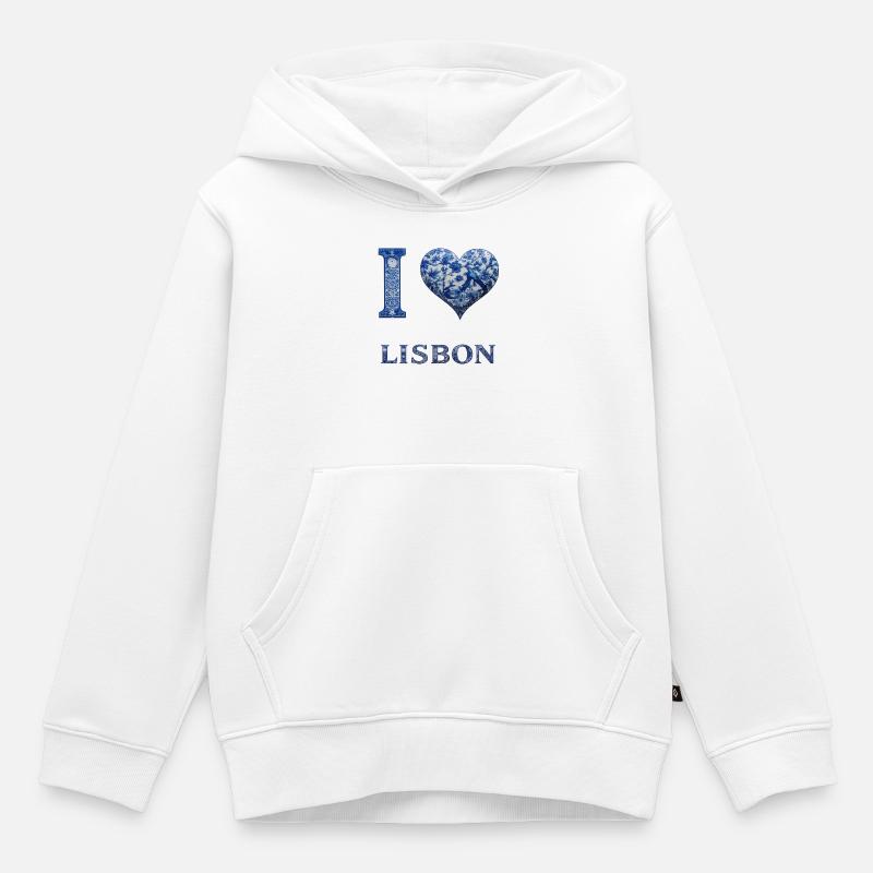 Lisbonne – Architecture en bleu - Sweat Premium à capuche enfant bio - blanc