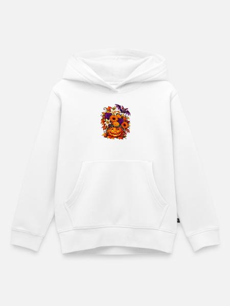 Halloween Kürbis mit Herbstblumen & Fledermaus - Kinder Premium Organic Hoodie - Weiß