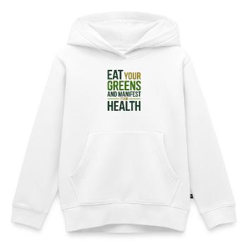 Naturopathe Eat Your Greens Manifest Health Pro - Sweat Premium à capuche enfant bio - blanc - Devant - AI Model Kid Female (0cm)