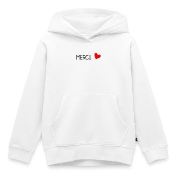 MAÎTRESSE. MAITRE. MERCI. MERCI MAÎTRESSE - Sweat Premium à capuche enfant bio - blanc - Devant - AI Model Kid Female (0cm)