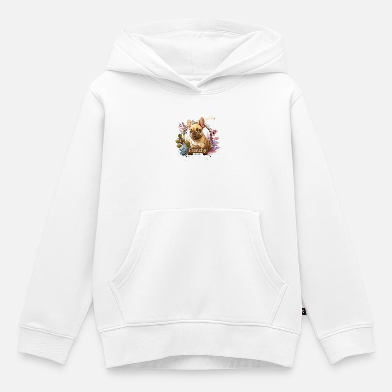 Bouledogue français dans cadre fleuri - Sweat Premium à capuche enfant bio - blanc