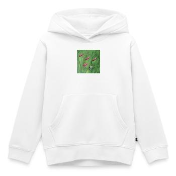 Grenouille verte parmi les pollens roses Oeuvre - Sweat Premium à capuche enfant bio - blanc - Devant - AI Model Kid Female (0cm)