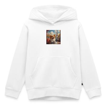 Corgi buvant du café devant la Tour Eiffel à Paris - Sweat Premium à capuche enfant bio - blanc - Devant - AI Model Kid Female (0cm)