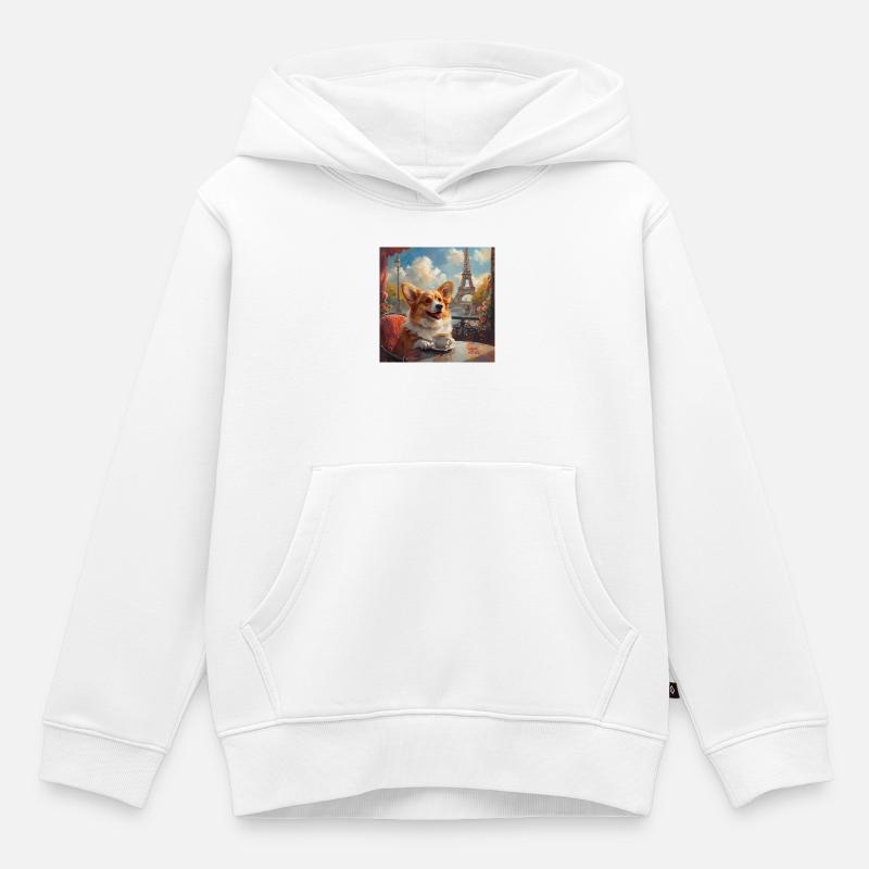 Corgi buvant du café devant la Tour Eiffel à Paris - Sweat Premium à capuche enfant bio - blanc