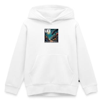 La vie : Omniprésente. Débrouillard. Déterminé. - Sweat Premium à capuche enfant bio - blanc - Devant - AI Model Kid Female (0cm)