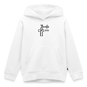 Baptême 2026 Croix avec trempette de poisson - Sweat Premium à capuche enfant bio - blanc - Devant - AI Model Kid Female (0cm)