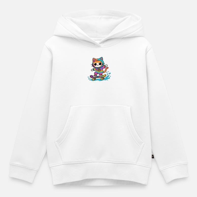 Chat multicolore skateboard - Sweat Premium à capuche enfant bio - blanc
