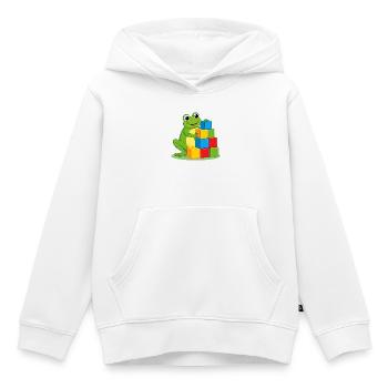 Green cartoon frog playing with colorful building blocks - Kids Premium Organic Hoodie - white - Front - AI Model Kid Female (0cm)