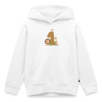 1er anniversaire Animaux de la Jungle Girafe Lion Singe - Sweat Premium à capuche enfant bio - blanc - Devant - AI Model Kid Female (0cm)