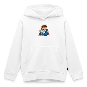 Junge befreit Katze sanft aus blauem Wollknäuel - Kinder Premium Organic Hoodie - Weiß - Vorne - AI Model Kid Female (0cm)