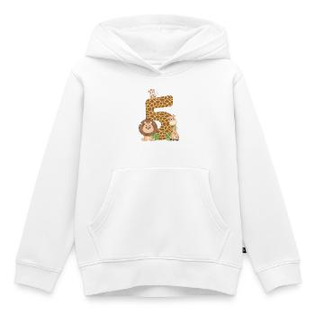 5e anniversaire : Animaux de la jungle : Girafe, Lion, Singe - Sweat Premium à capuche enfant bio - blanc - Devant - AI Model Kid Female (0cm)