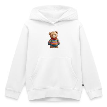 Un joli ours en peluche dans un pull rayé coloré - Sweat Premium à capuche enfant bio - blanc - Devant - AI Model Kid Female (0cm)