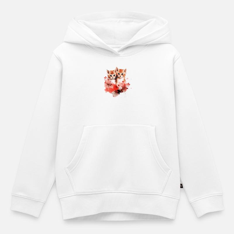 Fleurs de Duo de chatons aquarelle - Sweat Premium à capuche enfant bio - blanc