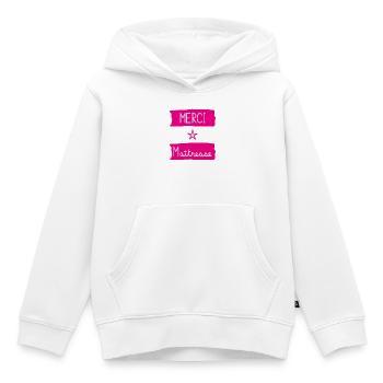 MAÎTRESSE. MAITRE. MERCI. MERCI MAÎTRESSE - Sweat Premium à capuche enfant bio - blanc - Devant - AI Model Kid Female (0cm)