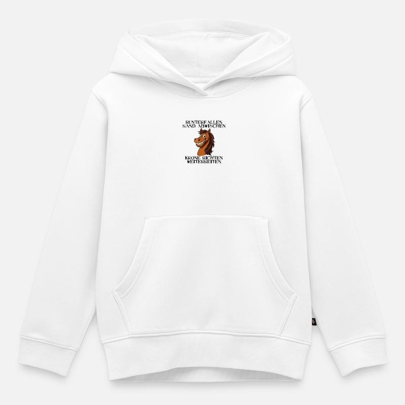 Cheval espiègle dit - Redresse la couronne Continue de monter - Sweat Premium à capuche enfant bio - blanc
