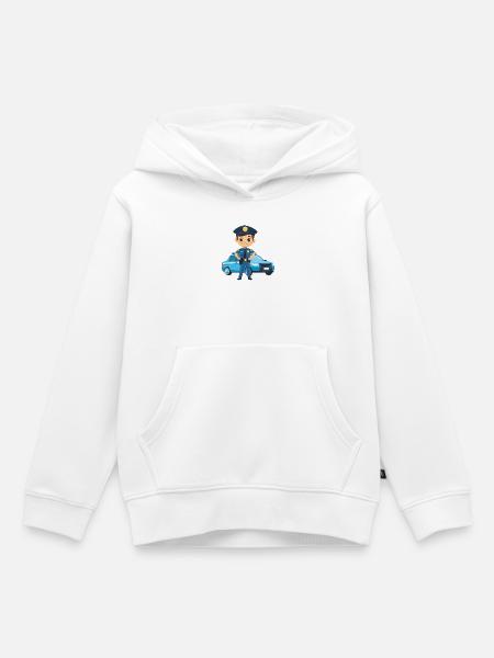 Polizeiheld Cartoon vor Polizeiauto - Kinder Premium Organic Hoodie - Weiß