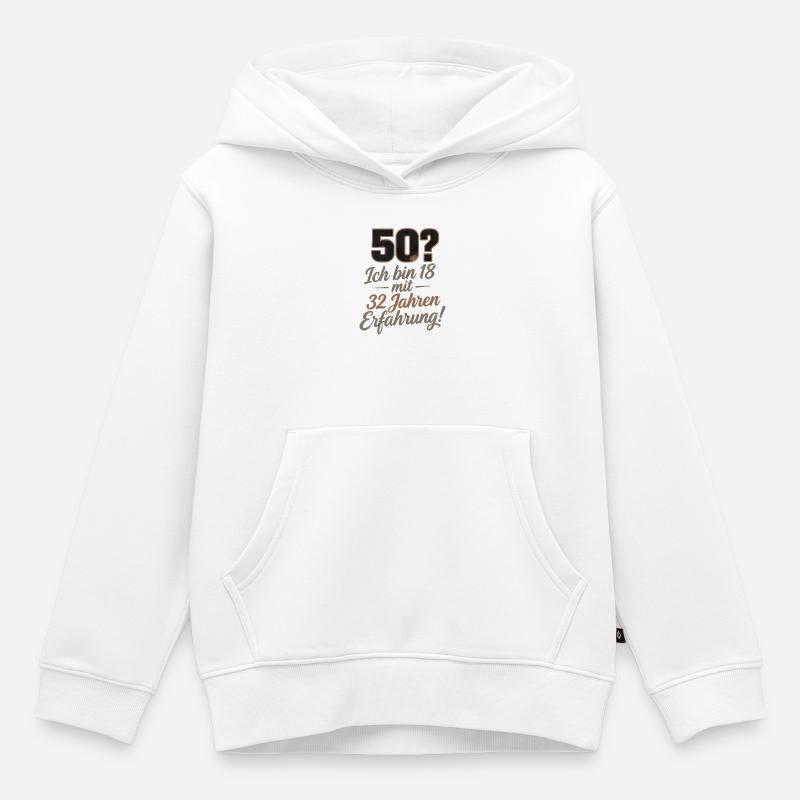 50 ans, dont 18 ans avec 32 ans d’expérience - Sweat Premium à capuche enfant bio - blanc
