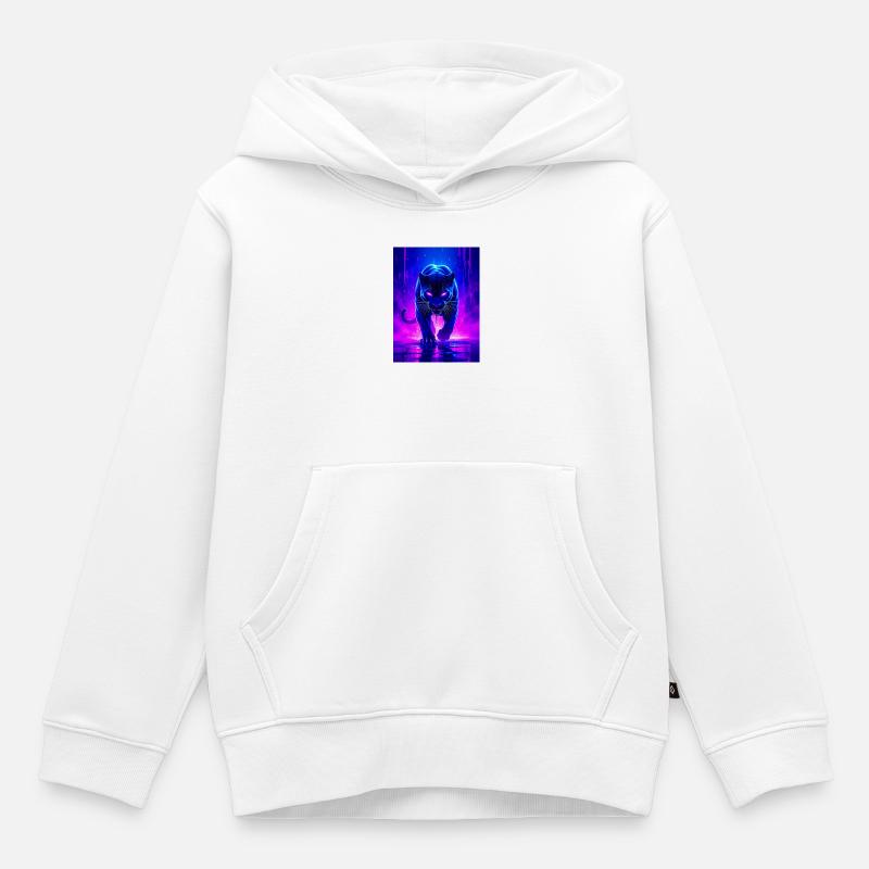 Une panthère brille d’un rose néon féroce et d’un sapin violet - Sweat Premium à capuche enfant bio - blanc