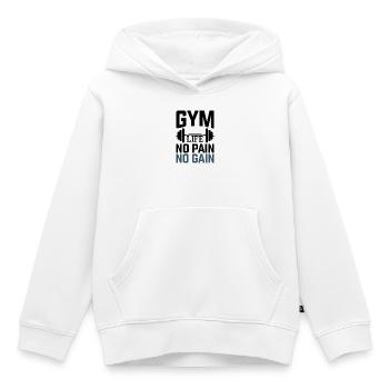 Fitness Motivation – Gym Life No Pain No Gain - Sweat Premium à capuche enfant bio - blanc - Devant - AI Model Kid Female (0cm)