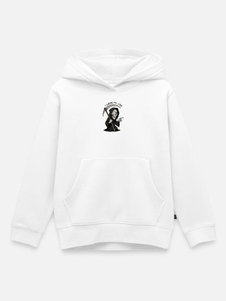 Faucheuse Cartoon Noire Souriante - Sweat Premium à capuche enfant bio - blanc
