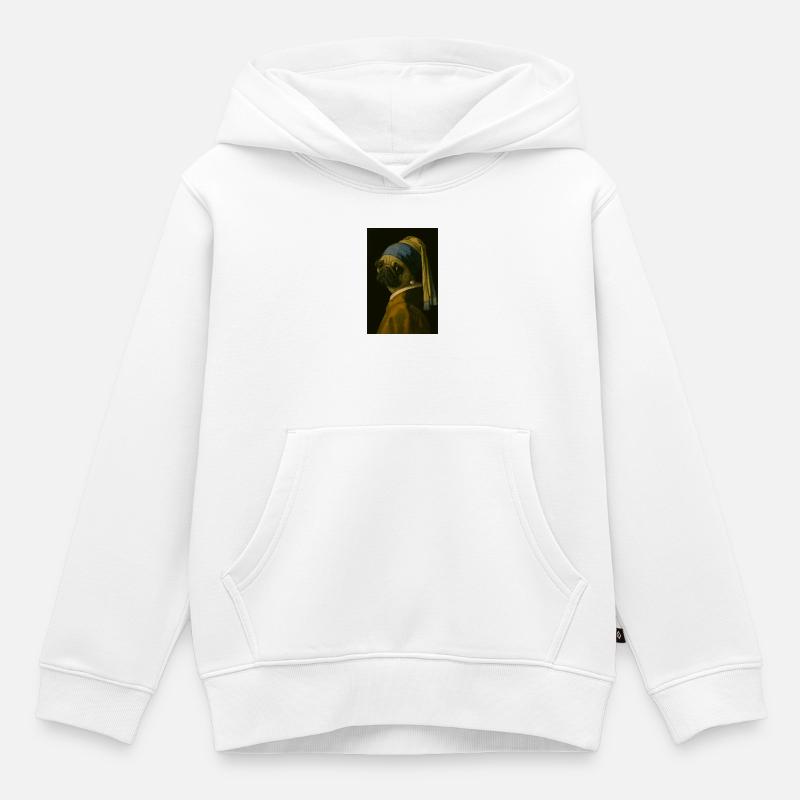 Carlin avec boucle d’oreille en perle dans le style de Mona-Lisa - Sweat Premium à capuche enfant bio - blanc