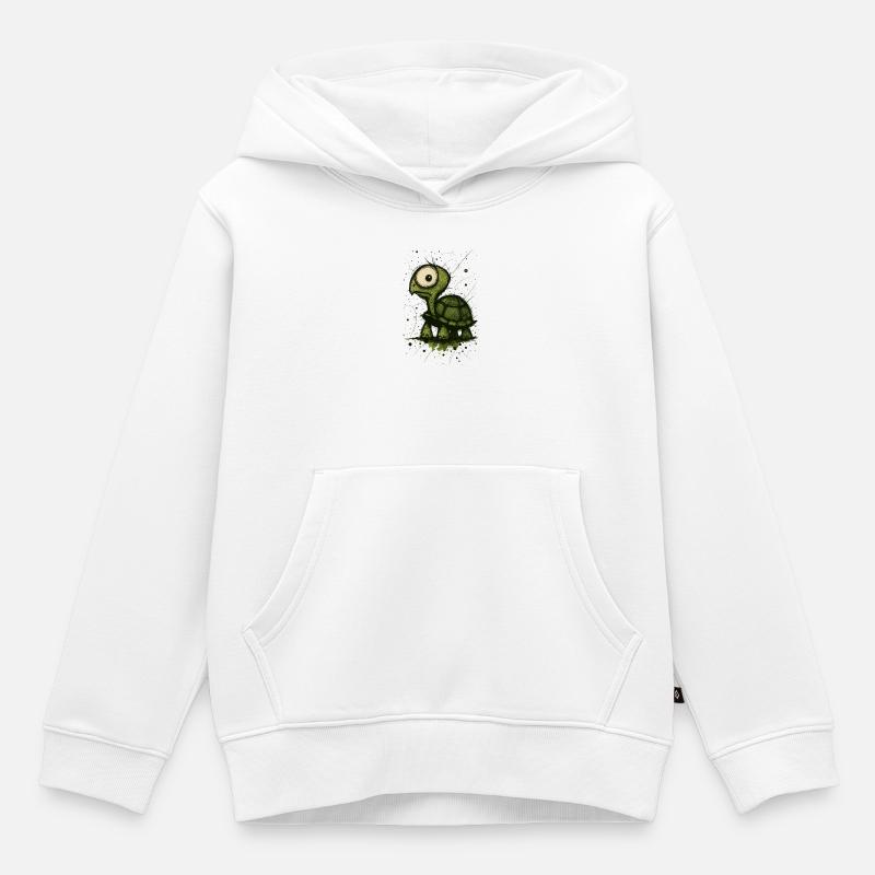 Drôle de tortue aux grands yeux – Éclaboussure de bande dessinée - Sweat Premium à capuche enfant bio - blanc