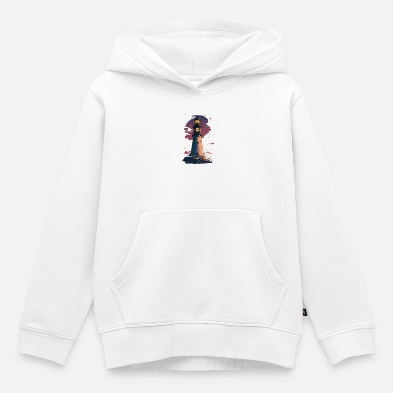 Phare nocturne étoilé au bord de mer - Sweat Premium à capuche enfant bio - blanc