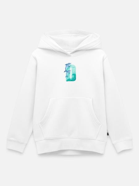 Skurriles Alphabet. Buchstabe D. Design des blauen Delfins. - Kinder Premium Organic Hoodie - Weiß