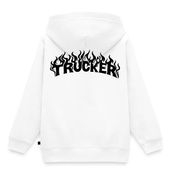 Trucker Schriftzug Flammen - Farbe veränderbar - Kinder Premium Organic Hoodie - Weiß - Hinten - AI Model Kid Female (0cm)