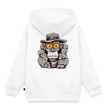 Conception de t-shirt singe de l’âge de pierre - Sweat Premium à capuche enfant bio - blanc - Dos - AI Model Kid Female (0cm)