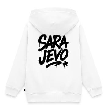 Police graffiti Sara Jevo - Sweat Premium à capuche enfant bio - blanc - Dos - AI Model Kid Female (0cm)