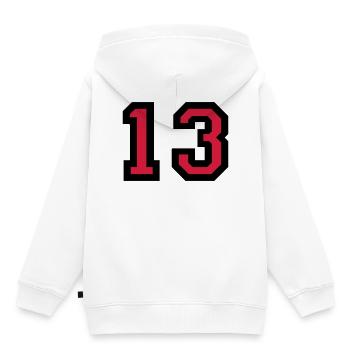 Le numéro 13 - numéro de treize - Sweat Premium à capuche enfant bio - blanc - Dos - AI Model Kid Female (0cm)