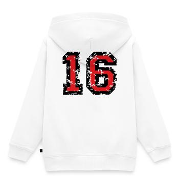 Le numéro seize - No. 16 (deux couleurs) rouge - Sweat Premium à capuche enfant bio - blanc - Dos - AI Model Kid Female (0cm)