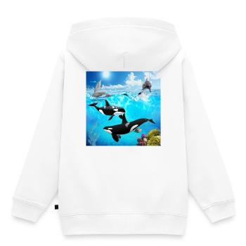 Undersea Pod: Orca and Dolphin Dive - Kids Premium Organic Hoodie - white - Back - AI Model Kid Female (0cm)