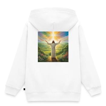 Jésus, catholique Jésus-Christ - Sweat Premium à capuche enfant bio - blanc - Dos - AI Model Kid Female (0cm)