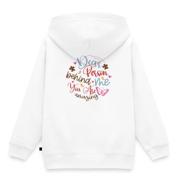 À la personne derrière moi À la personne derrière moi À la personne derrière moi - Sweat Premium à capuche enfant bio - blanc - Dos - AI Model Kid Female (0cm)
