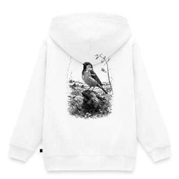 Süßer Spatz kunstvoll gezeichnet auf Baumstamm - Kinder Premium Organic Hoodie - Weiß - Hinten - AI Model Kid Female (0cm)