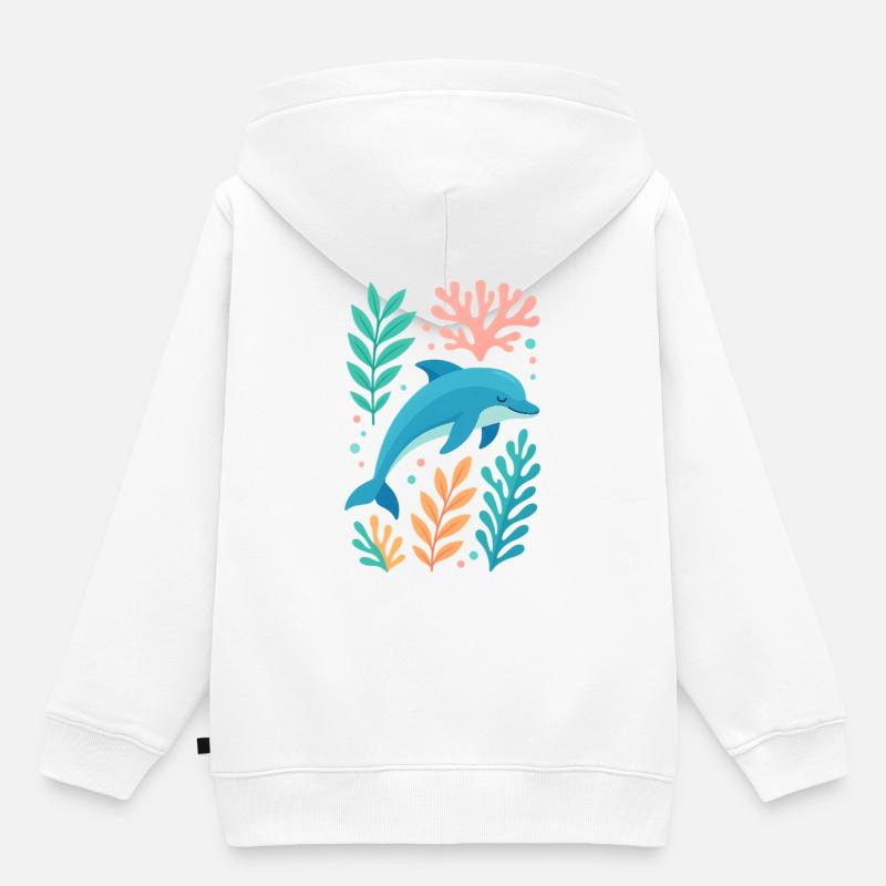 Rêve de dauphin dans la mer de Corail - Sweat Premium à capuche enfant bio - blanc