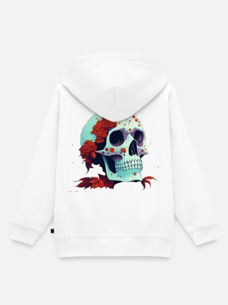Schädel mit roten Blumen - Kinder Premium Organic Hoodie - Weiß