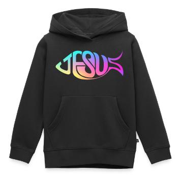 Jesus Fisch Regenbogen - Kinder Premium Organic Hoodie - Schwarz - Vorne - AI Model Kid Male (0cm)