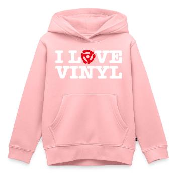 J’adore les disques vinyles - lettrage rétro - Sweat Premium à capuche enfant bio - rose - Devant - AI Model Kid Female (0cm)