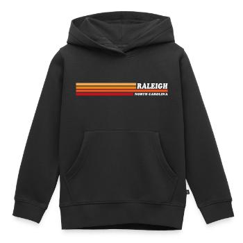 Vintage des années 1980 Style graphique athlétique Raleigh N - Sweat Premium à capuche enfant bio - noir - Devant - AI Model Kid Male (0cm)