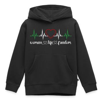 Vie de la femme Liberté Battement de cœur Droits des femmes Iran - Sweat Premium à capuche enfant bio - noir - Devant - AI Model Kid Male (0cm)