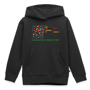 Retro Pixel Art Bouldern: Leveling Up Spruch - Kinder Premium Organic Hoodie - Schwarz - Vorne - AI Model Kid Male (0cm)