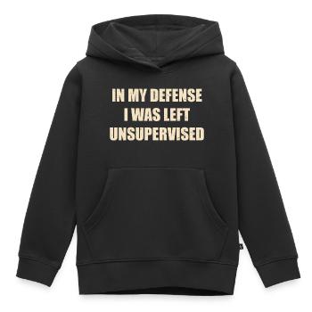 Lustig zu meiner Verteidigung, dass ich unbeaufsichtigt gelassen wurde - Kinder Premium Organic Hoodie - Schwarz - Vorne - AI Model Kid Male (0cm)