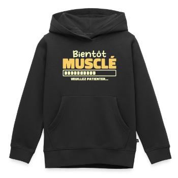 Soon to be muscular - please wait - Kids Premium Organic Hoodie - black - Front - AI Model Kid Male (0cm)