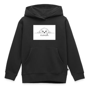 little puppy looks at Noah. - Kids Premium Organic Hoodie - black - Front - AI Model Kid Male (0cm)