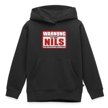 Nils Name Lustiges Warnschild - Kinder Premium Organic Hoodie - Schwarz - Vorne - AI Model Kid Male (0cm)